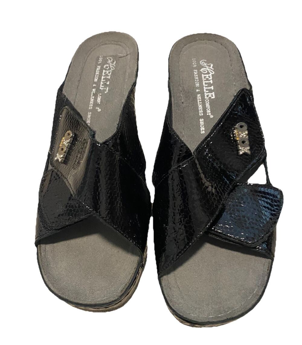 Helle Comfort Womens OXOX Shoes Sz 7.5 EU 38 Black Patent Gator Slip On Sandals